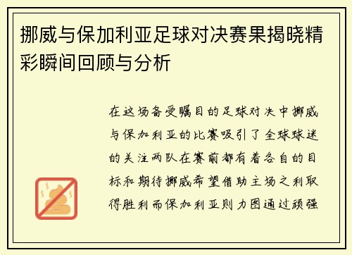 挪威与保加利亚足球对决赛果揭晓精彩瞬间回顾与分析