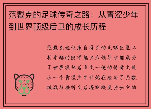 范戴克的足球传奇之路：从青涩少年到世界顶级后卫的成长历程